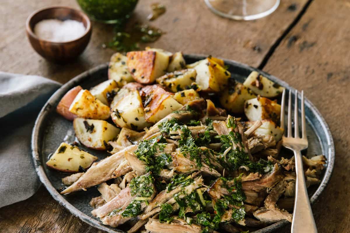 Pork Shoulder Butt with Chimichurri Sauce and Herb-Roasted Potatoes | Prairie Fresh